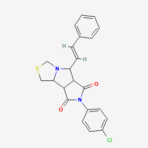 molecular formula C22H19ClN2O2S B2758339 10-(4-chlorophenyl)-7-[(E)-2-phenylethenyl]-4-thia-6,10-diazatricyclo[6.3.0.0^{2,6}]undecane-9,11-dione CAS No. 321522-01-4