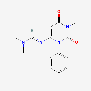 molecular formula C14H16N4O2 B2758354 N,N-dimethyl-N'-(1-methyl-2,6-dioxo-3-phenyl-1,2,3,6-tetrahydropyrimidin-4-yl)imidoformamide CAS No. 1261027-43-3
