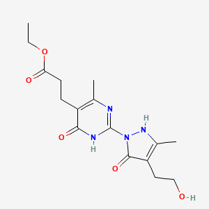 molecular formula C16H22N4O5 B2758355 乙酸3-{2-[4-(2-羟乙基)-3-甲基-5-氧代-2,5-二氢-1H-吡唑-1-基]-4-甲基-6-氧代-1,6-二氢-5-嘧啶基}丙酸乙酯 CAS No. 860611-64-9