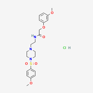 molecular formula C22H30ClN3O6S B2758424 2-(3-methoxyphenoxy)-N-(2-(4-((4-methoxyphenyl)sulfonyl)piperazin-1-yl)ethyl)acetamide hydrochloride CAS No. 1185129-70-7