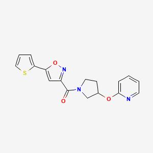 molecular formula C17H15N3O3S B2758524 (3-(Pyridin-2-yloxy)pyrrolidin-1-yl)(5-(thiophen-2-yl)isoxazol-3-yl)methanone CAS No. 1904221-06-2