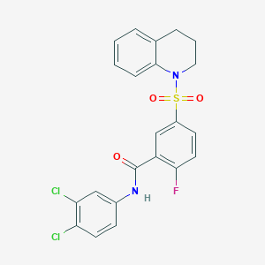 molecular formula C22H17Cl2FN2O3S B2758555 N-(3,4-dichlorophenyl)-5-((3,4-dihydroquinolin-1(2H)-yl)sulfonyl)-2-fluorobenzamide CAS No. 451480-93-6