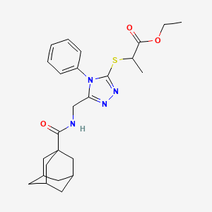 molecular formula C25H32N4O3S B2758572 Ethyl 2-[[5-[(adamantane-1-carbonylamino)methyl]-4-phenyl-1,2,4-triazol-3-yl]sulfanyl]propanoate CAS No. 476452-12-7