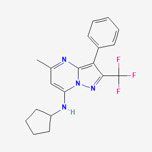 molecular formula C19H19F3N4 B2758613 N-cyclopentyl-5-methyl-3-phenyl-2-(trifluoromethyl)pyrazolo[1,5-a]pyrimidin-7-amine CAS No. 890637-50-0