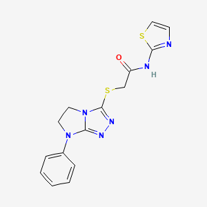 molecular formula C15H14N6OS2 B2758662 2-((7-phenyl-6,7-dihydro-5H-imidazo[2,1-c][1,2,4]triazol-3-yl)thio)-N-(thiazol-2-yl)acetamide CAS No. 921833-85-4