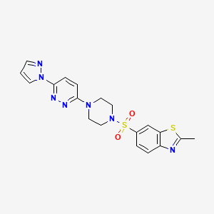 molecular formula C19H19N7O2S2 B2758695 6-((4-(6-(1H-pyrazol-1-yl)pyridazin-3-yl)piperazin-1-yl)sulfonyl)-2-methylbenzo[d]thiazole CAS No. 1251692-27-9