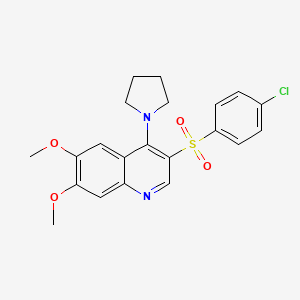 molecular formula C21H21ClN2O4S B2758751 3-(4-Chlorobenzenesulfonyl)-6,7-dimethoxy-4-(pyrrolidin-1-yl)quinoline CAS No. 872206-97-8