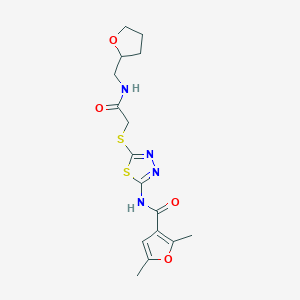 molecular formula C16H20N4O4S2 B2758810 2,5-dimethyl-N-(5-((2-oxo-2-(((tetrahydrofuran-2-yl)methyl)amino)ethyl)thio)-1,3,4-thiadiazol-2-yl)furan-3-carboxamide CAS No. 1219842-35-9