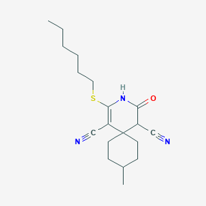 2-(Hexylthio)-9-methyl-4-oxo-3-azaspiro[5.5]undec-1-ene-1,5-dicarbonitrile