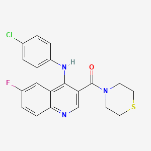 molecular formula C20H17ClFN3OS B2758945 (4-((4-Chlorophenyl)amino)-6-fluoroquinolin-3-yl)(thiomorpholino)methanone CAS No. 1358760-39-0
