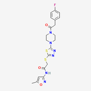 molecular formula C20H21FN6O3S2 B2758958 2-((5-(4-(2-(4-fluorophenyl)acetyl)piperazin-1-yl)-1,3,4-thiadiazol-2-yl)thio)-N-(5-methylisoxazol-3-yl)acetamide CAS No. 1172911-81-7