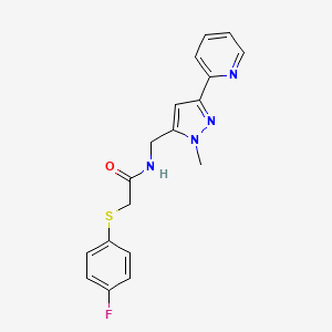 2-(4-Fluorophenyl)sulfanyl-N-[(2-methyl-5-pyridin-2-ylpyrazol-3-yl)methyl]acetamide