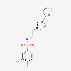 molecular formula C15H13ClFN3O2S2 B2759044 3-chloro-4-fluoro-N-(2-(3-(thiophen-3-yl)-1H-pyrazol-1-yl)ethyl)benzenesulfonamide CAS No. 2034453-04-6