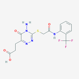 molecular formula C15H14F3N5O4S B2759082 3-(4-Amino-5-oxo-3-((2-oxo-2-((2-(trifluoromethyl)phenyl)amino)ethyl)thio)-4,5-dihydro-1,2,4-triazin-6-yl)propanoic acid CAS No. 886955-01-7