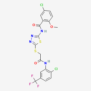 molecular formula C19H13Cl2F3N4O3S2 B2759219 5-chloro-N-[5-[2-[2-chloro-5-(trifluoromethyl)anilino]-2-oxoethyl]sulfanyl-1,3,4-thiadiazol-2-yl]-2-methoxybenzamide CAS No. 391869-74-2