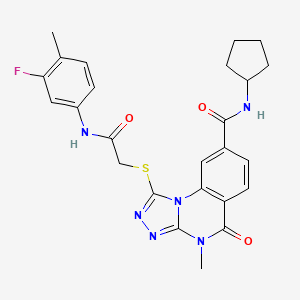 molecular formula C25H25FN6O3S B2759229 N-cyclopentyl-1-((2-((3-fluoro-4-methylphenyl)amino)-2-oxoethyl)thio)-4-methyl-5-oxo-4,5-dihydro-[1,2,4]triazolo[4,3-a]quinazoline-8-carboxamide CAS No. 1111197-87-5