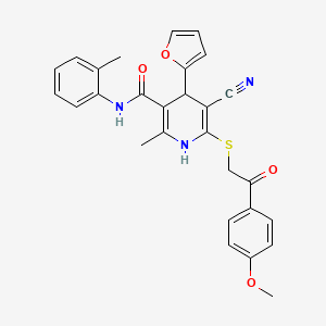 molecular formula C28H25N3O4S B2759289 5-cyano-4-(furan-2-yl)-6-{[2-(4-methoxyphenyl)-2-oxoethyl]sulfanyl}-2-methyl-N-(2-methylphenyl)-1,4-dihydropyridine-3-carboxamide CAS No. 683793-92-2