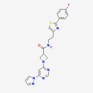 molecular formula C22H20FN7OS B2759301 1-(6-(1H-pyrazol-1-yl)pyrimidin-4-yl)-N-(2-(2-(4-fluorophenyl)thiazol-4-yl)ethyl)azetidine-3-carboxamide CAS No. 2034581-98-9