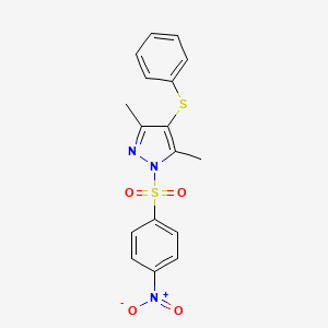 molecular formula C17H15N3O4S2 B2759332 3,5-dimethyl-1-((4-nitrophenyl)sulfonyl)-4-(phenylthio)-1H-pyrazole CAS No. 303792-17-8