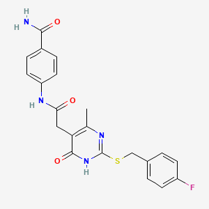 molecular formula C21H19FN4O3S B2759338 4-(2-(2-((4-Fluorobenzyl)thio)-4-methyl-6-oxo-1,6-dihydropyrimidin-5-yl)acetamido)benzamide CAS No. 1105214-65-0