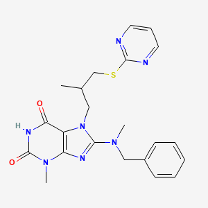 molecular formula C22H25N7O2S B2759409 8-(benzyl(methyl)amino)-3-methyl-7-(2-methyl-3-(pyrimidin-2-ylthio)propyl)-1H-purine-2,6(3H,7H)-dione CAS No. 872627-85-5