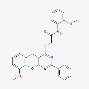 molecular formula C27H23N3O4S B2759444 2-((9-methoxy-2-phenyl-5H-chromeno[2,3-d]pyrimidin-4-yl)thio)-N-(2-methoxyphenyl)acetamide CAS No. 872196-66-2