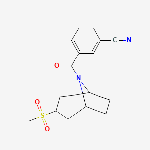 molecular formula C16H18N2O3S B2759456 3-((1R,5S)-3-(methylsulfonyl)-8-azabicyclo[3.2.1]octane-8-carbonyl)benzonitrile CAS No. 1706333-58-5