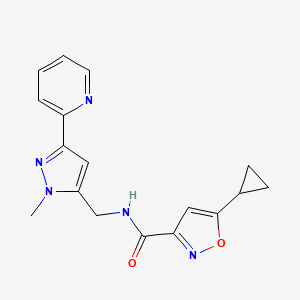 molecular formula C17H17N5O2 B2759575 5-Cyclopropyl-N-[(2-methyl-5-pyridin-2-ylpyrazol-3-yl)methyl]-1,2-oxazole-3-carboxamide CAS No. 2310098-72-5