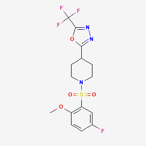 molecular formula C15H15F4N3O4S B2759651 2-(1-((5-Fluoro-2-methoxyphenyl)sulfonyl)piperidin-4-yl)-5-(trifluoromethyl)-1,3,4-oxadiazole CAS No. 1706202-62-1