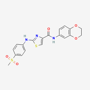 molecular formula C19H17N3O5S2 B2759670 N-(2,3-dihydrobenzo[b][1,4]dioxin-6-yl)-2-((4-(methylsulfonyl)phenyl)amino)thiazole-4-carboxamide CAS No. 1171075-85-6
