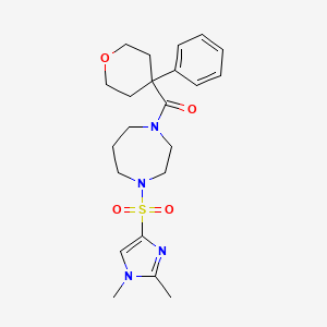 molecular formula C22H30N4O4S B2759703 (4-((1,2-dimethyl-1H-imidazol-4-yl)sulfonyl)-1,4-diazepan-1-yl)(4-phenyltetrahydro-2H-pyran-4-yl)methanone CAS No. 1903547-32-9