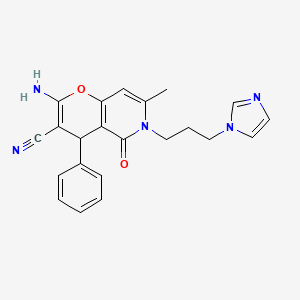 molecular formula C22H21N5O2 B2759748 2-氨基-6-(3-(1H-咪唑-1-基)丙酰基)-7-甲基-5-氧代-4-苯基-5,6-二氢-4H-吡喃[3,2-c]吡啶-3-羧腈 CAS No. 612053-55-1