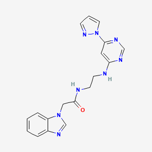 molecular formula C18H18N8O B2759929 N-(2-((6-(1H-pyrazol-1-yl)pyrimidin-4-yl)amino)ethyl)-2-(1H-benzo[d]imidazol-1-yl)acetamide CAS No. 1251685-31-0