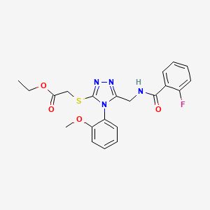 molecular formula C21H21FN4O4S B2760002 ethyl 2-((5-((2-fluorobenzamido)methyl)-4-(2-methoxyphenyl)-4H-1,2,4-triazol-3-yl)thio)acetate CAS No. 689747-59-9