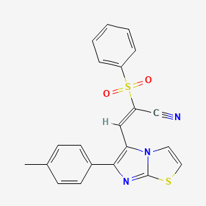 molecular formula C21H15N3O2S2 B2760013 (E)-2-(苯磺酰)-3-[6-(4-甲基苯基)咪唑[2,1-b][1,3]噻唑-5-基]丙-2-烯腈 CAS No. 691883-96-2