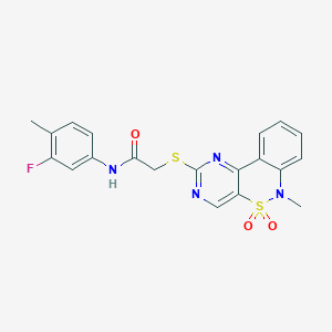 molecular formula C20H17FN4O3S2 B2760025 N-(3-fluoro-4-methylphenyl)-2-((6-methyl-5,5-dioxido-6H-benzo[c]pyrimido[4,5-e][1,2]thiazin-2-yl)thio)acetamide CAS No. 895103-11-4