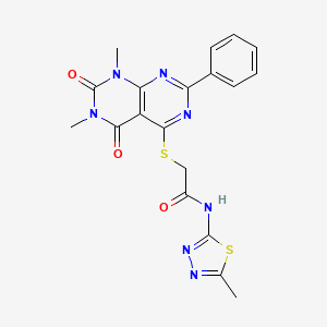 molecular formula C19H17N7O3S2 B2760101 2-((6,8-dimethyl-5,7-dioxo-2-phenyl-5,6,7,8-tetrahydropyrimido[4,5-d]pyrimidin-4-yl)thio)-N-(5-methyl-1,3,4-thiadiazol-2-yl)acetamide CAS No. 863003-42-3