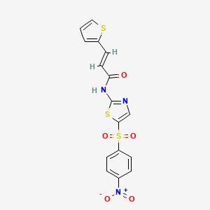 molecular formula C16H11N3O5S3 B2760151 (E)-N-(5-((4-nitrophenyl)sulfonyl)thiazol-2-yl)-3-(thiophen-2-yl)acrylamide CAS No. 476308-35-7
