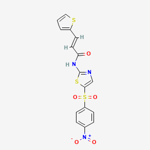 molecular formula C16H11N3O5S3 B2760151 (E)-N-(5-((4-硝基苯基)磺酰)噻唑-2-基)-3-(噻吩-2-基)丙烯酰胺 CAS No. 476308-35-7