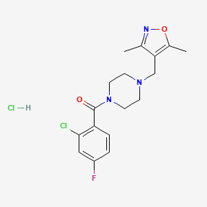 molecular formula C17H20Cl2FN3O2 B2760177 (2-Chloro-4-fluorophenyl)(4-((3,5-dimethylisoxazol-4-yl)methyl)piperazin-1-yl)methanone hydrochloride CAS No. 1396866-65-1
