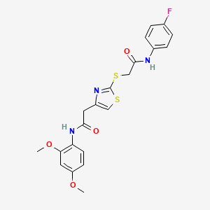 molecular formula C21H20FN3O4S2 B2760186 N-(2,4-dimethoxyphenyl)-2-(2-((2-((4-fluorophenyl)amino)-2-oxoethyl)thio)thiazol-4-yl)acetamide CAS No. 942001-25-4