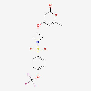 molecular formula C16H14F3NO6S B2760235 6-甲基-4-((1-((4-(三氟甲氧基)苯基)磺酰)氮杂环丁烷-3-基)氧基)-2H-吡喃-2-酮 CAS No. 1798491-38-9