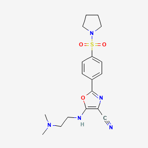 molecular formula C18H23N5O3S B2760272 5-((2-(Dimethylamino)ethyl)amino)-2-(4-(pyrrolidin-1-ylsulfonyl)phenyl)oxazole-4-carbonitrile CAS No. 940998-52-7