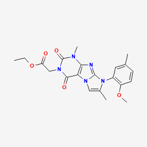 molecular formula C21H23N5O5 B2760305 ethyl 2-(8-(2-methoxy-5-methylphenyl)-1,7-dimethyl-2,4-dioxo-1H-imidazo[2,1-f]purin-3(2H,4H,8H)-yl)acetate CAS No. 896306-30-2