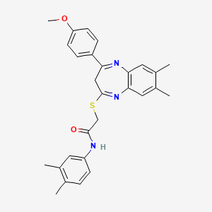 molecular formula C28H29N3O2S B2760308 N-(3,4-dimethylphenyl)-2-((4-(4-methoxyphenyl)-7,8-dimethyl-3H-benzo[b][1,4]diazepin-2-yl)thio)acetamide CAS No. 1358615-52-7