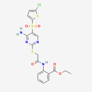 molecular formula C19H17ClN4O5S3 B2760337 Ethyl 2-(2-((4-amino-5-((5-chlorothiophen-2-yl)sulfonyl)pyrimidin-2-yl)thio)acetamido)benzoate CAS No. 1223785-99-6