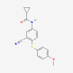 molecular formula C18H16N2O2S B2760349 N-{3-cyano-4-[(4-methoxyphenyl)sulfanyl]phenyl}cyclopropanecarboxamide CAS No. 320421-49-6