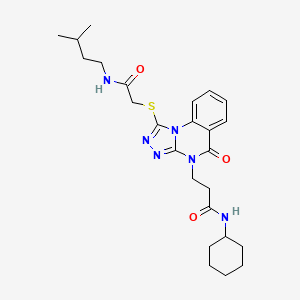 molecular formula C25H34N6O3S B2760372 N-cyclohexyl-3-[1-({2-[(3-methylbutyl)amino]-2-oxoethyl}thio)-5-oxo[1,2,4]triazolo[4,3-a]quinazolin-4(5H)-yl]propanamide CAS No. 1112407-09-6