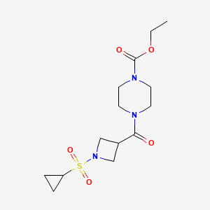 molecular formula C14H23N3O5S B2760413 Ethyl 4-(1-(cyclopropylsulfonyl)azetidine-3-carbonyl)piperazine-1-carboxylate CAS No. 1428372-82-0