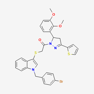 molecular formula C32H28BrN3O3S2 B2760436 2-[1-[(4-溴苯甲基)吲哚-3-基]硫基-1-[3-(2,3-二甲氧基苯基)-5-硫代噻吩-2-基-3,4-二氢吡唑-2-基]乙酮 CAS No. 681274-60-2